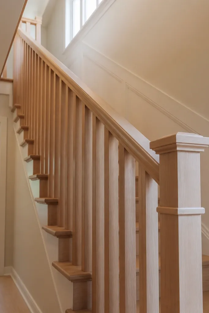 Modern square-profile wood balusters with a matching wood newel and simple handrail