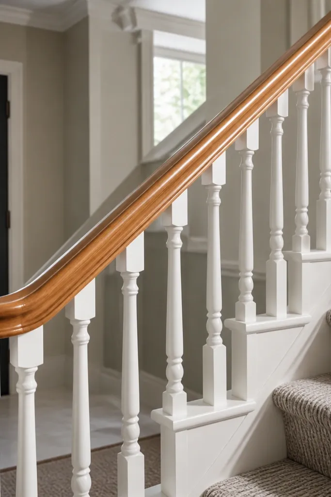 White painted wood stair balusters with a natural wood handrail sealed with a matte hardwax