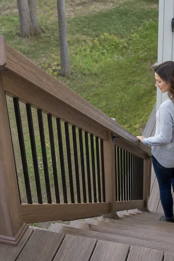 Wood-look composite stair railing with clean seams and sturdy brackets