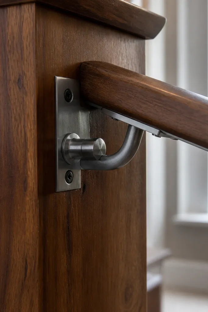 Wood handrail attached to posts with visible metal mounting plates