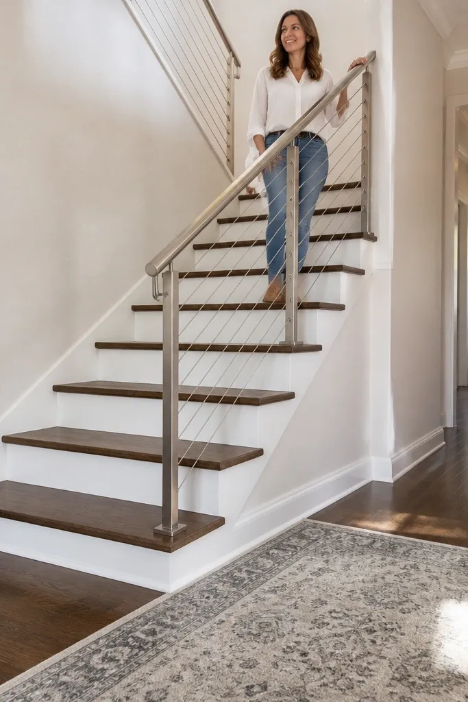 Railing with posts mounted directly to stair structure and a continuous handrail