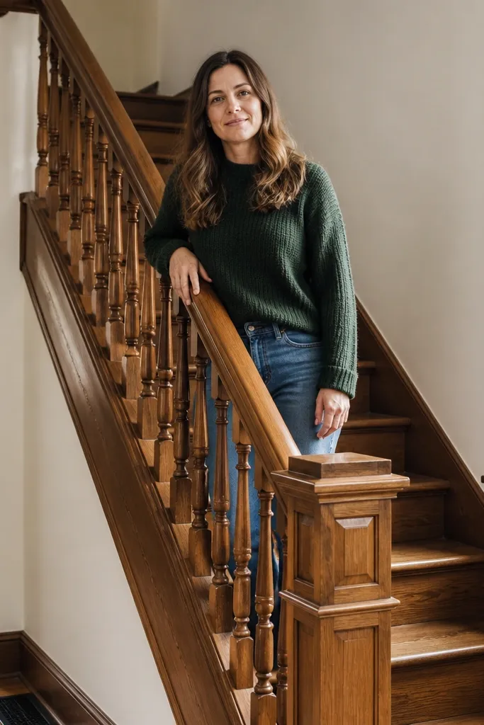 Traditional wooden stair railing with turned balusters and capped newels