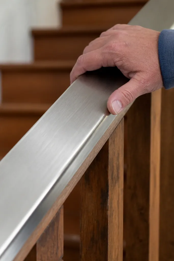 Metal handrail mounted on posts with existing wood balusters below