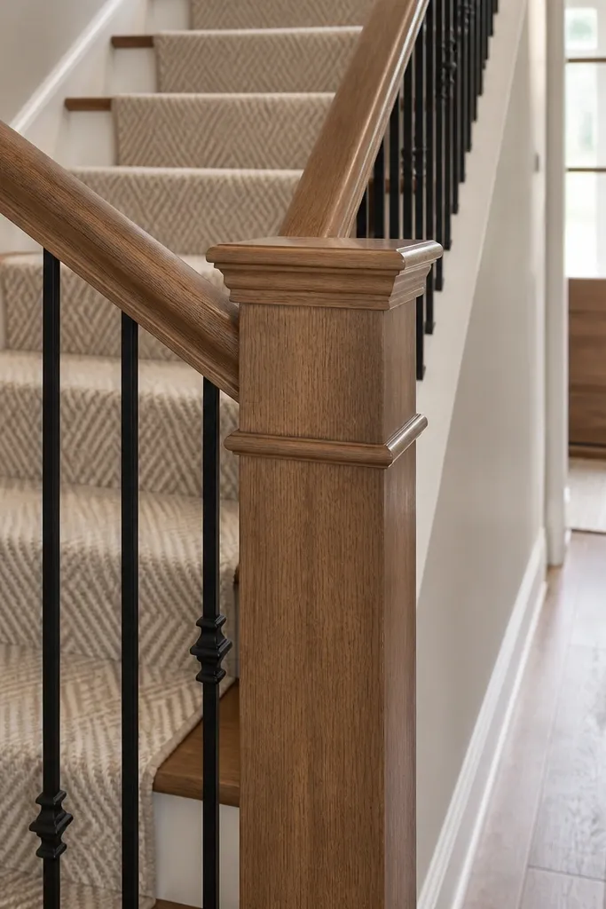 Wood stair railing with updated newel wraps and a matching handrail profile