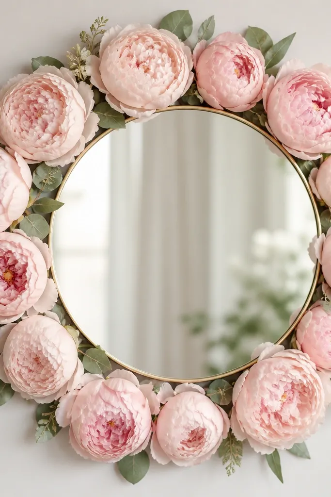 A round flower frame with a circle of blush pink peony blooms and pale green leaves. Behind the flowers is a thin mirrored circle, and the rim has a narrow gold trim strip.