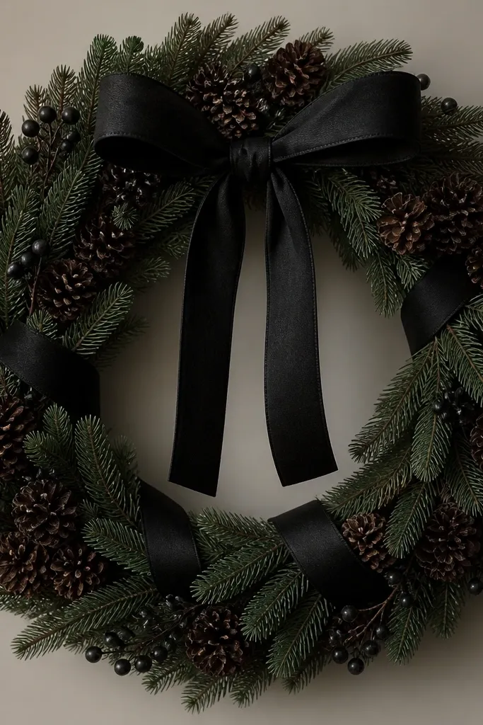 A dark green wreath ring with thick pine sprigs, matte pinecones, and small black berry sprays. The circle has a black ribbon wrap and a simple bow in the center top.