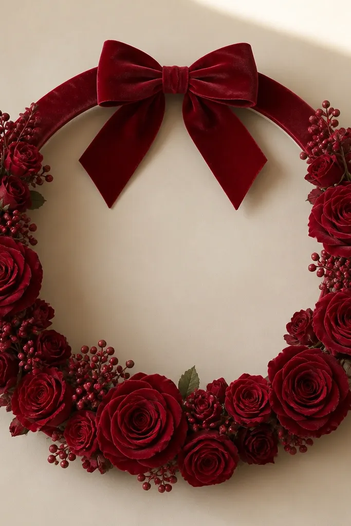 A cream circle frame covered in deep red velvet roses and small berry clusters. The rim is wrapped in red velvet ribbon with a soft bow at the top.