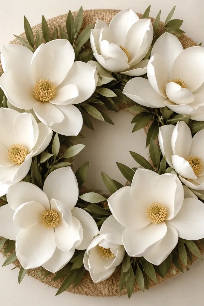 A circular frame with layered white magnolia petals, soft yellow centers, and thin moss-green leaves. The backing is a light tan burlap circle, barely visible at the edges.