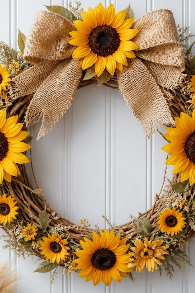 A 18-inch circle wreath frame in warm tan and golden yellow. Large sunflower faces sit at the top and sides, with smaller sunflowers filling gaps. A burlap bow sits at the top with frayed edges.