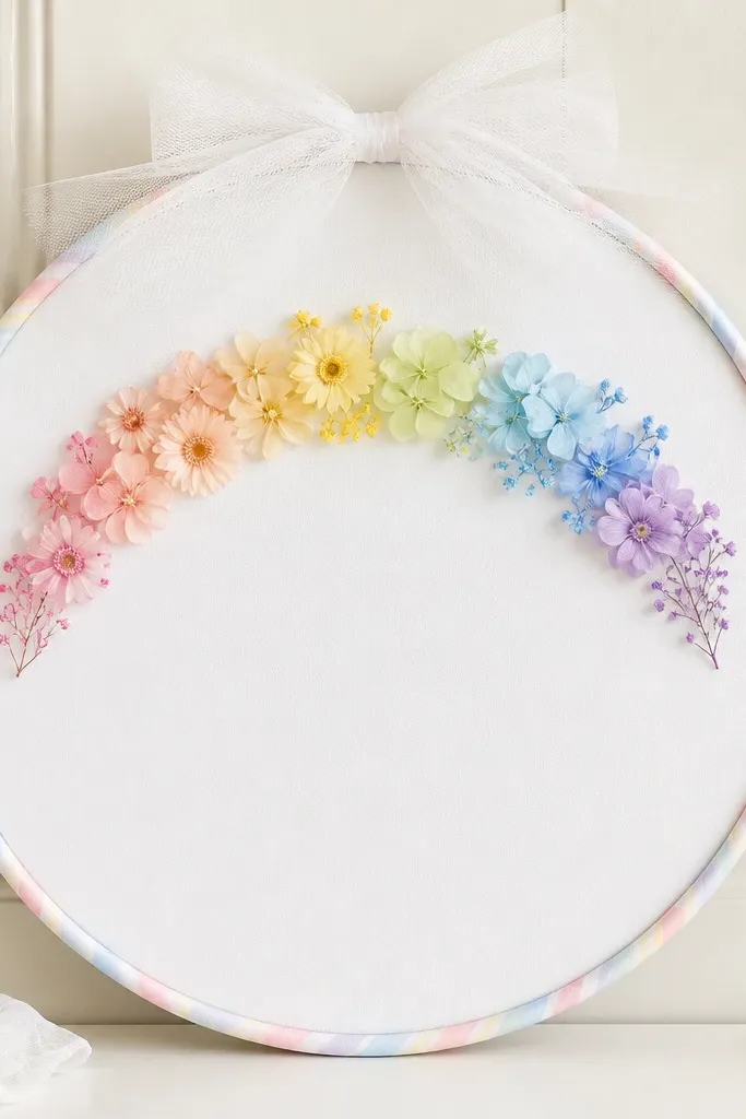 A 14-inch white circle with small pastel flowers arranged in a gentle rainbow arc. The rim has a thin pastel ribbon stripe pattern and a white tulle bow at the top.