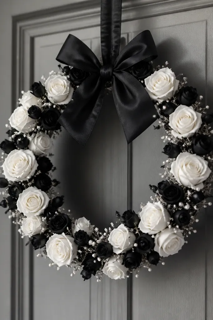 A black ring covered in white roses and black rose buds. Tiny pearl picks and thin silver stems create a speckled look. A black satin bow sits at the top.