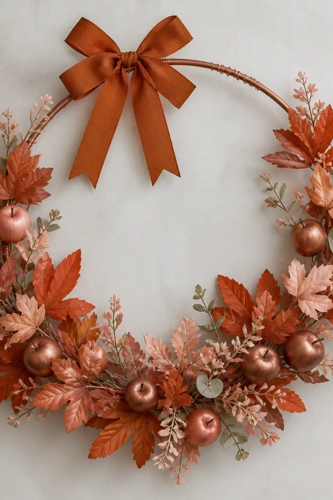 A 16-inch circle frame with rust-orange faux leaves, blush pink accents, and small copper-colored faux apples. The rim has a thin copper wire wrap and a rust bow.