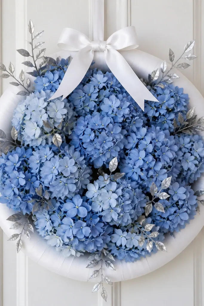 A white ring wrapped in white ribbon. Blue hydrangea clusters fill the center, with silver leaf sprays tucked between. A small white bow sits at the top.