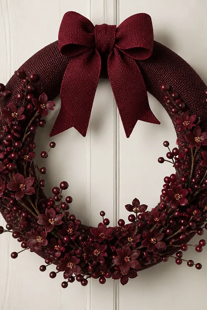 A deep burgundy circle wreath with faux berry stems and small dark red blossoms. The rim is wrapped in dark burlap and a burgundy bow sits at the top.