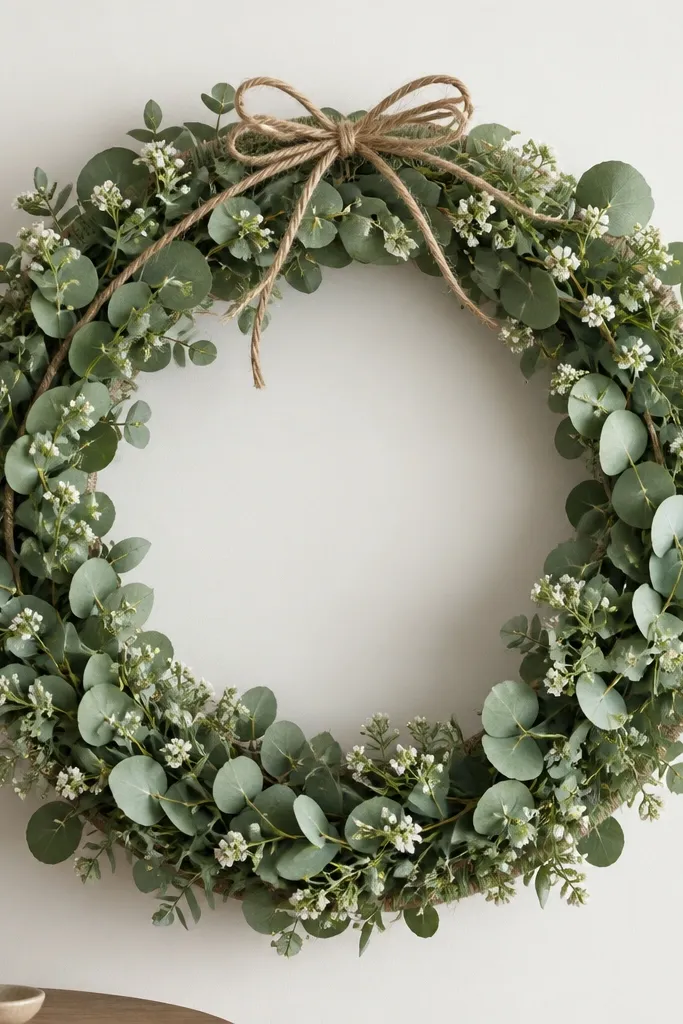 A 15-inch frame in layered eucalyptus green leaves, with tiny white blossoms spread throughout. The rim is wrapped with natural twine and a twine bow sits at the top.