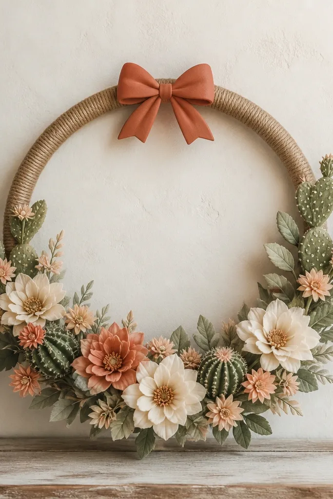 A terracotta and cream circle frame with faux desert flowers, sage-green leaves, and small cactus picks. The rim is wrapped in tan jute ribbon, and a small terracotta bow sits at the top.