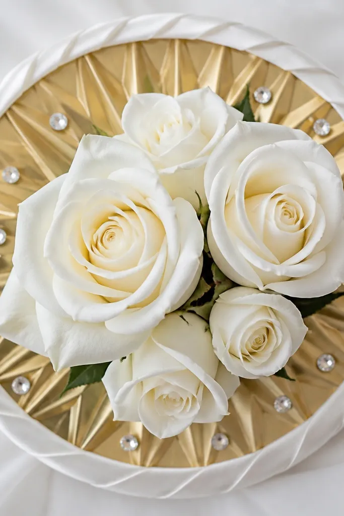 A round gold starburst backing behind white roses. Clear rhinestone dots are scattered around the flowers, and a white satin ribbon wraps the rim.