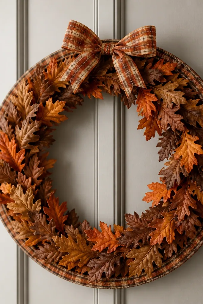 A 18-inch circle frame covered in faux oak leaves in browns and burnt orange. A plaid ribbon trim wraps the outer rim, and a small bow sits at the top.