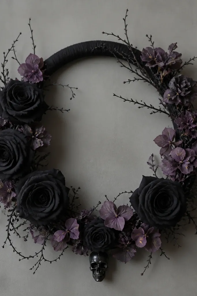 A black ring wrapped in black fabric. Black rose heads and dusty purple blossoms are arranged around the circle, with thin black twigs and one small skull charm at the bottom.