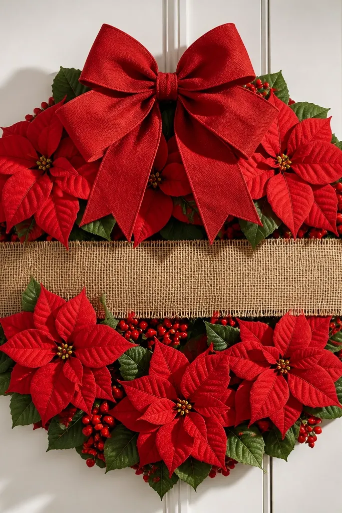 A 16-inch circle with red poinsettias and deep green leaves. A burlap strip band wraps around the middle of the circle, and small red berries fill the lower gaps. A red ribbon bow sits at the top.
