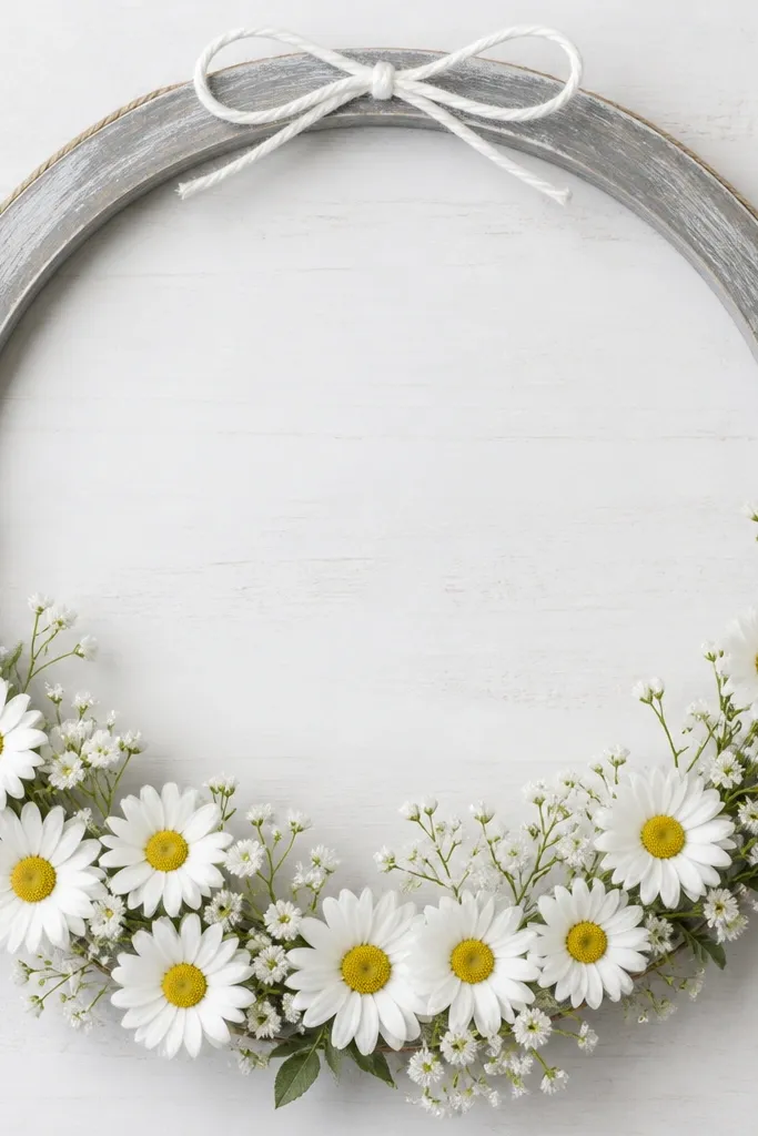 A white-and-gray circle flower frame with white daisies and small yellow centers. The rim looks weathered gray, with a thin twine wrap at the edge and a simple white bow at the top.