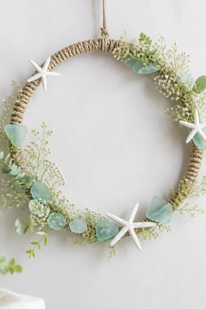 A rope-wrapped circle frame with white starfish accents and light aqua sea-glass picks. The flowers are small white blooms and pale green leaves, arranged sparsely for an airy look.