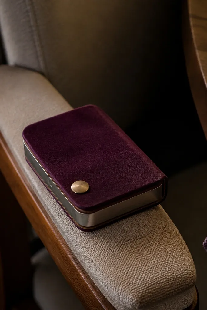 Plum velvet Altoids wallet with a centered brass press stud and neat fabric edges