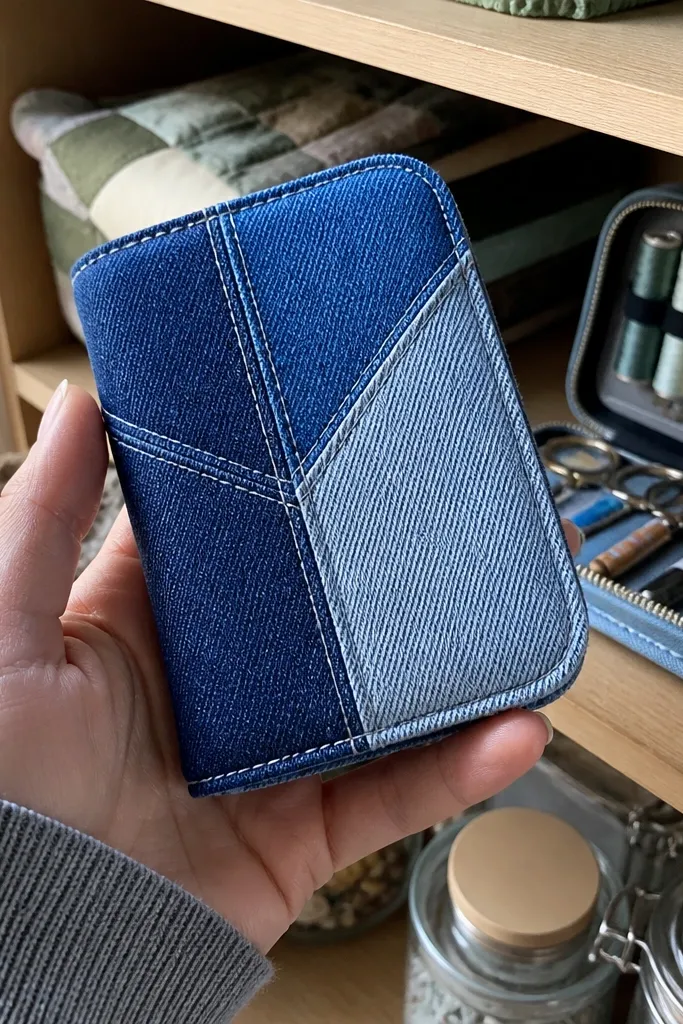 Blue denim patchwork Altoids wallet with visible topstitching along the edges