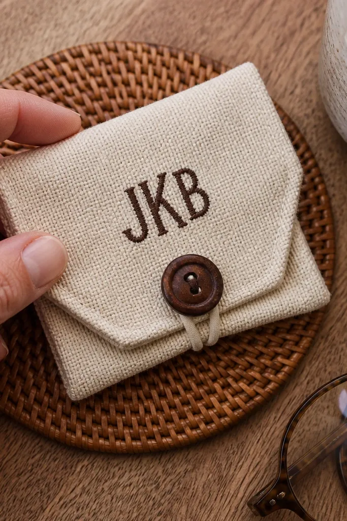 Natural canvas Altoids wallet with a stitched monogram and wood-look button closure