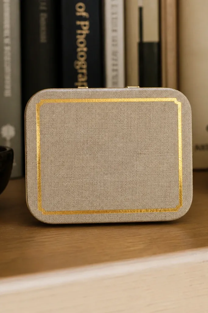 Neutral linen Altoids wallet with a gold foil frame sticker on the front