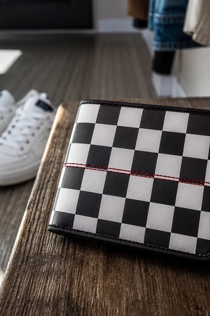 Black and white checkerboard Altoids wallet with a thin red stitched-looking line