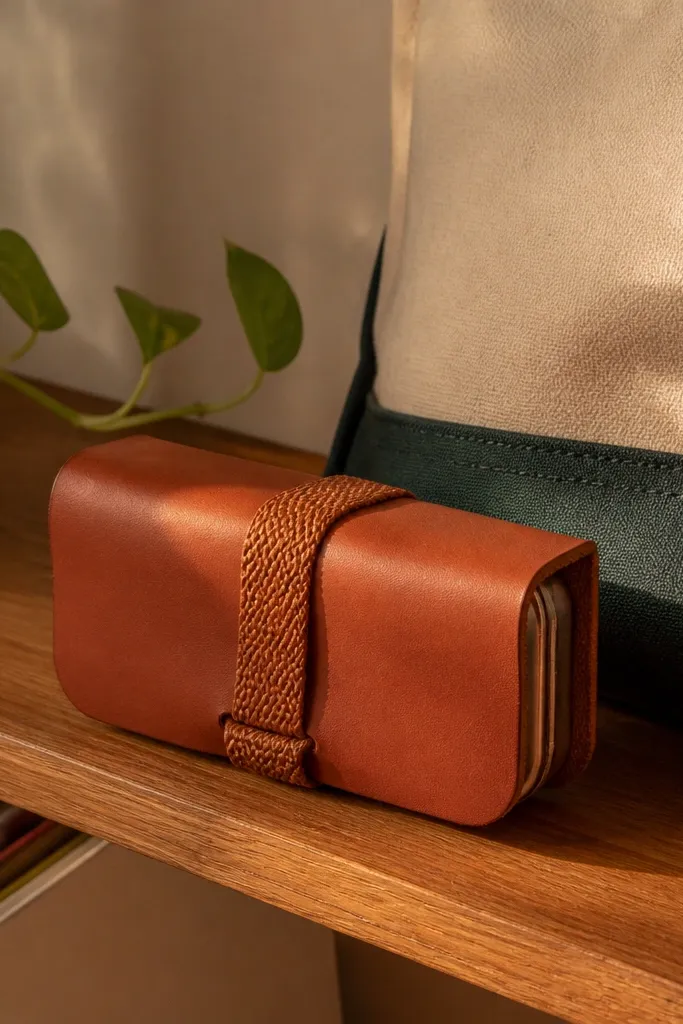Terracotta Altoids wallet with a small woven strap loop and button closure
