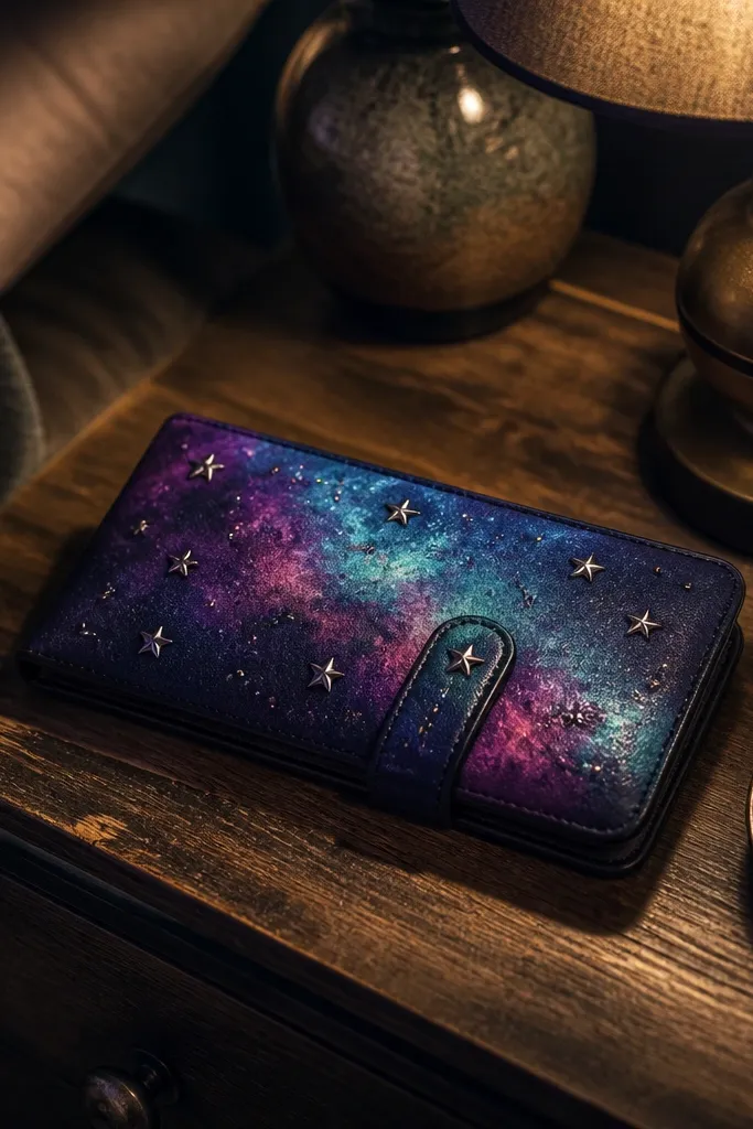 Dark blue nebula print Altoids wallet with small star buttons on the front