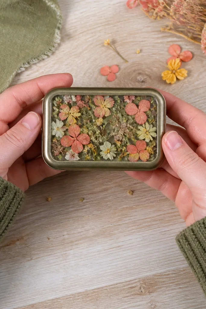 Tiny dried flower confetti inside a clear window on an Altoids wallet front