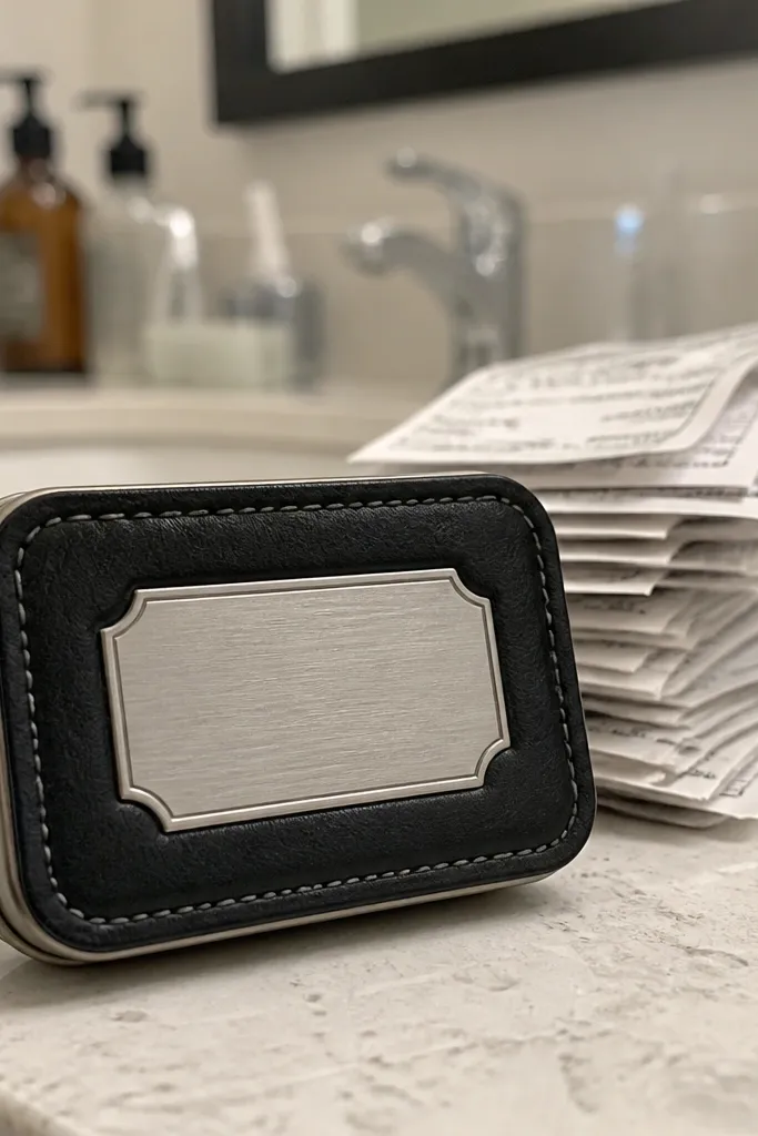 Leatherette Altoids wallet with a stitched border and a centered nameplate label
