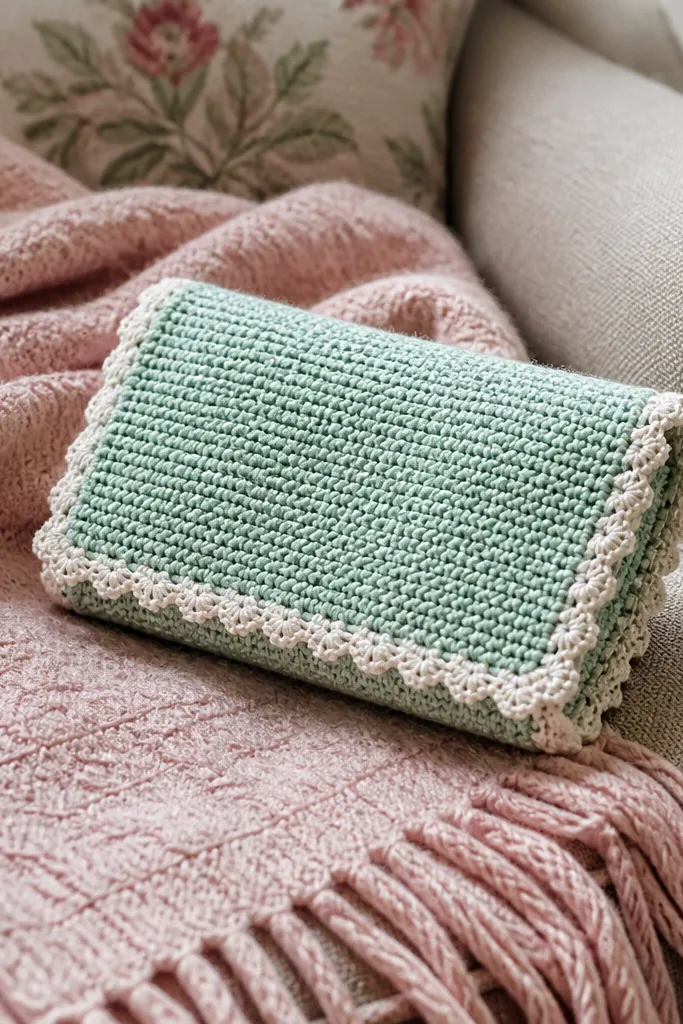 Pastel knit Altoids wallet with delicate crochet lace trim along the edges