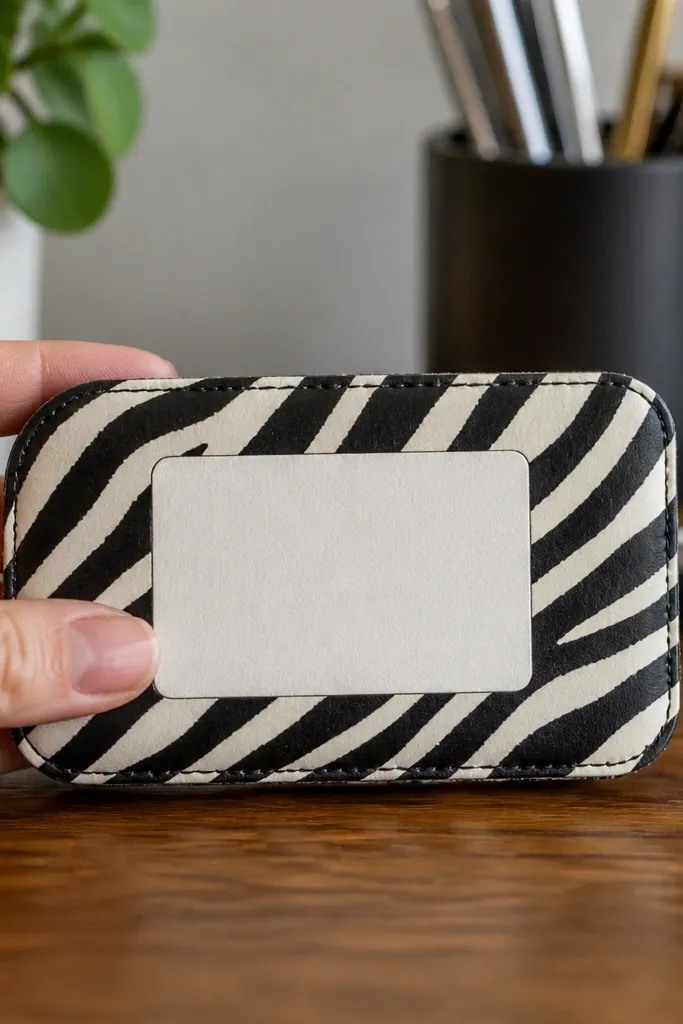 Zebra stripe Altoids wallet with a matte white label panel centered on the front