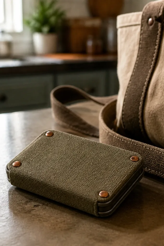 Olive canvas Altoids wallet with copper rivet accents and a rugged look