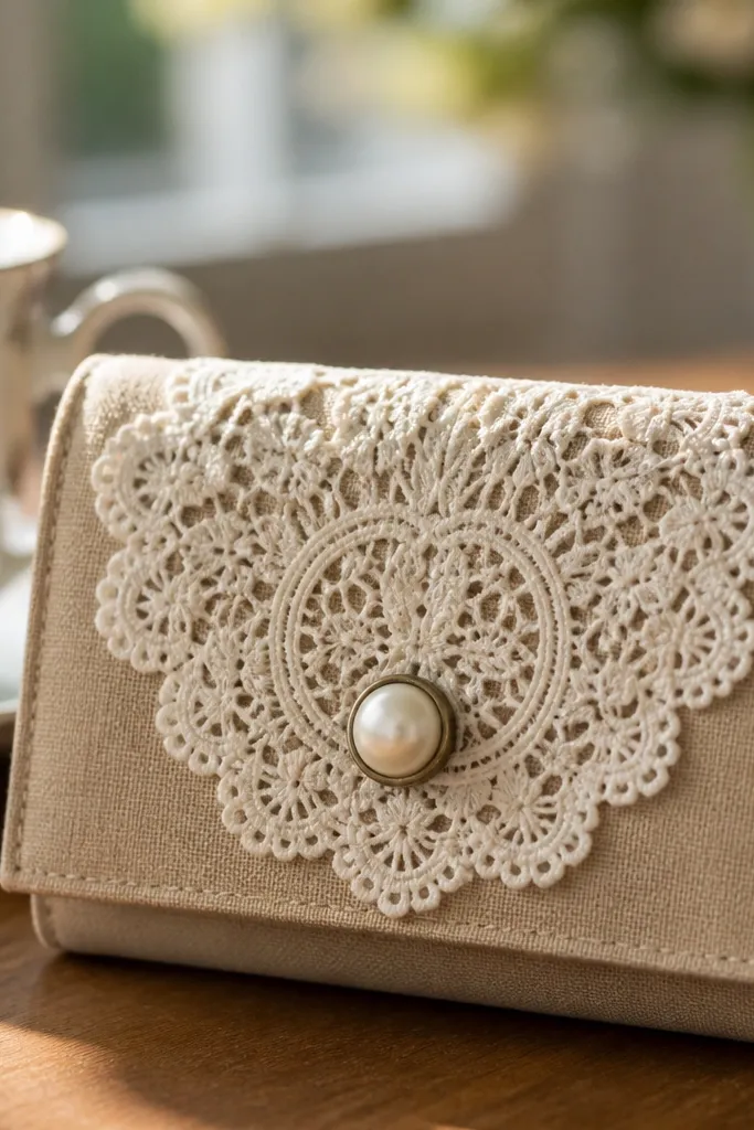 Cream lace doily applique Altoids wallet with a pearl-tone button closure