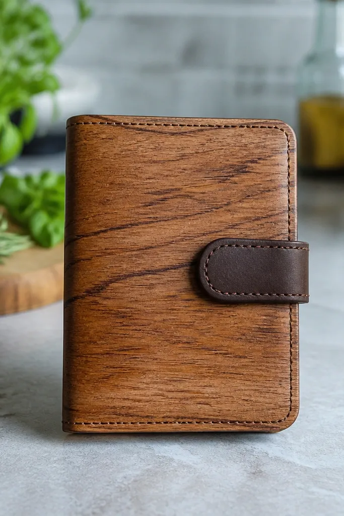 Wood veneer style Altoids wallet with a small faux leather strap closure