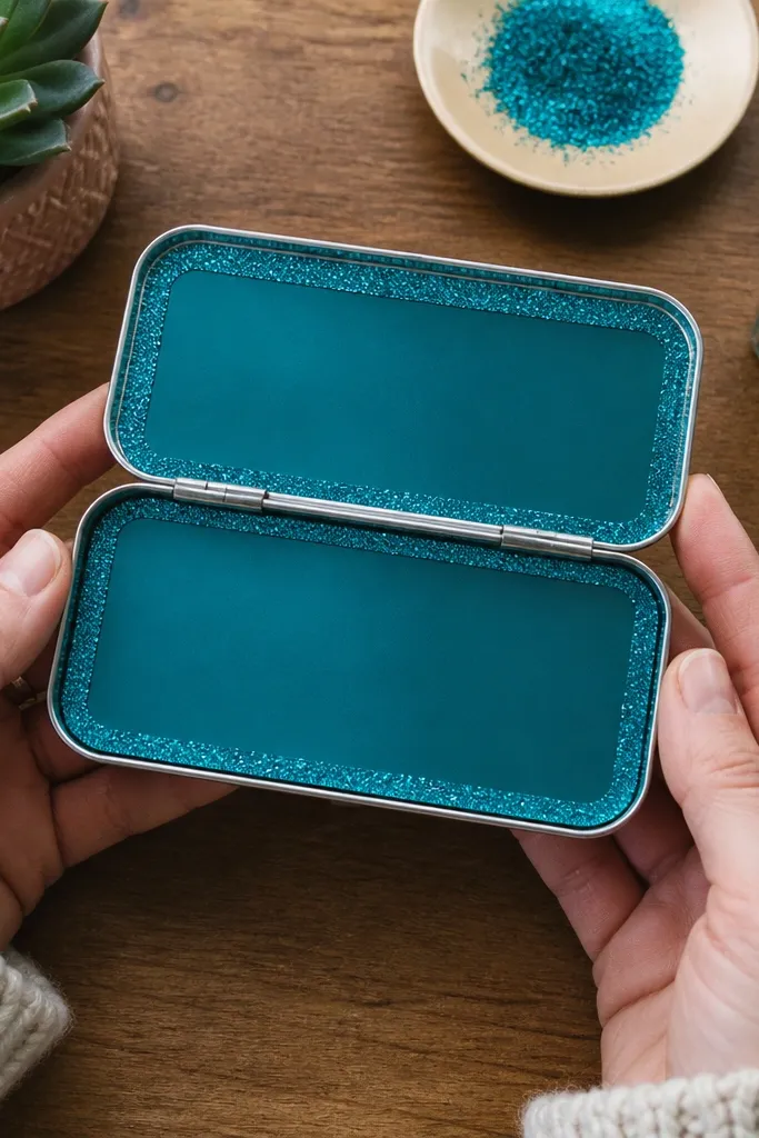 Solid colored Altoids wallet with a glitter frame border around the front