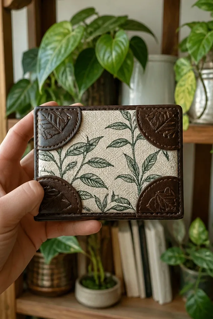 Green botanical line art Altoids wallet with faux leather leaf tabs at corners