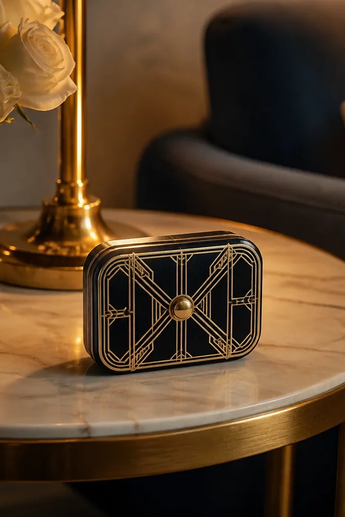 Art deco black and gold framed Altoids wallet with small stud closure