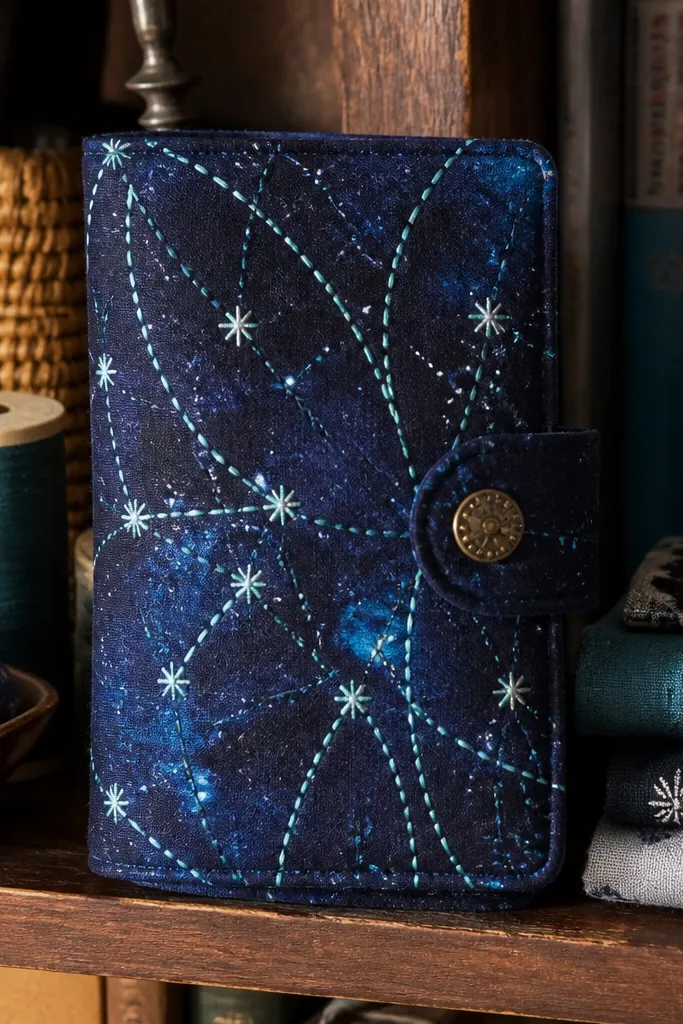 Dark galaxy fabric Altoids wallet with visible contrast thread lines like stitching art