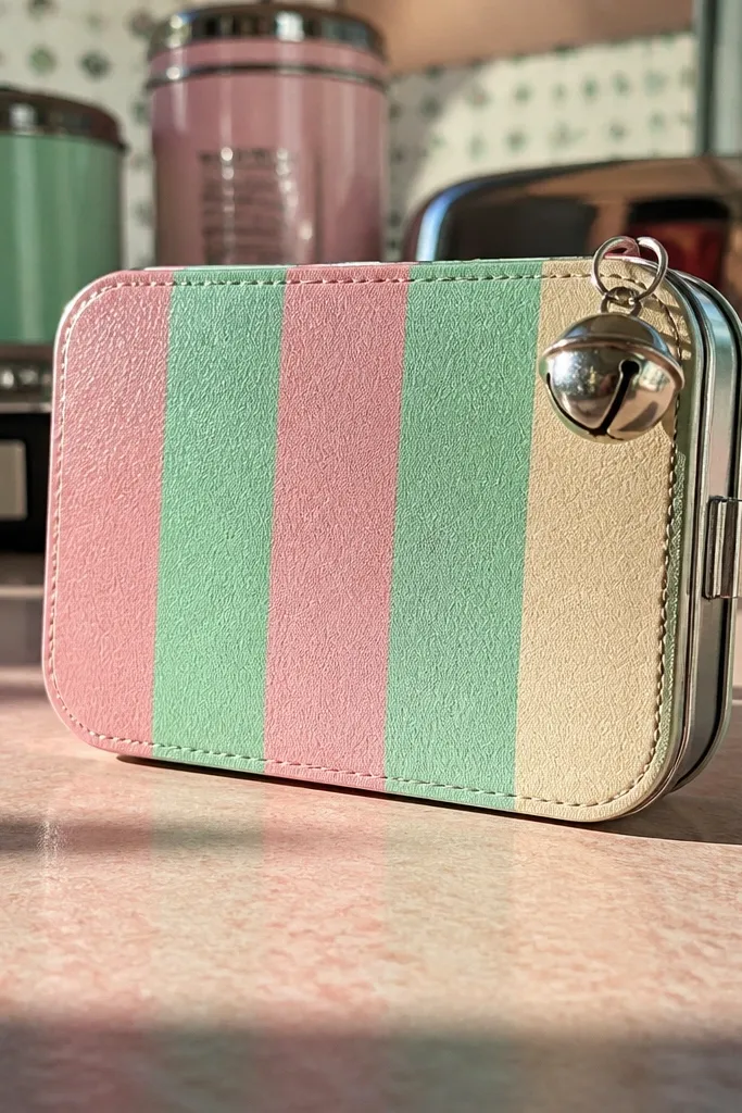 Candy stripe Altoids wallet with a small jingle bell accent on the front