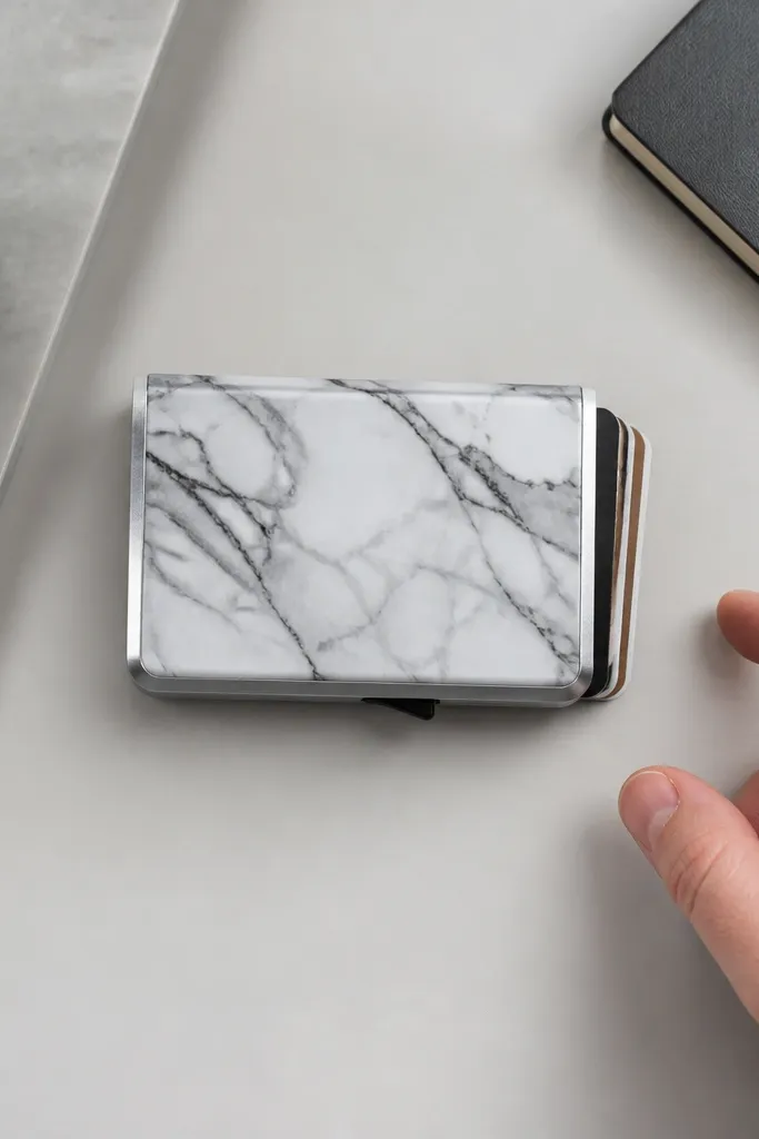 Monochrome marble vinyl Altoids wallet with thin silver tape along the edges