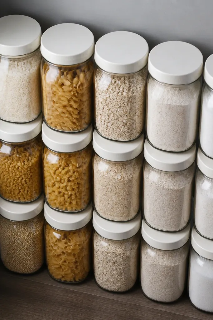 Matched glass jars with white labels lined up on pantry shelves