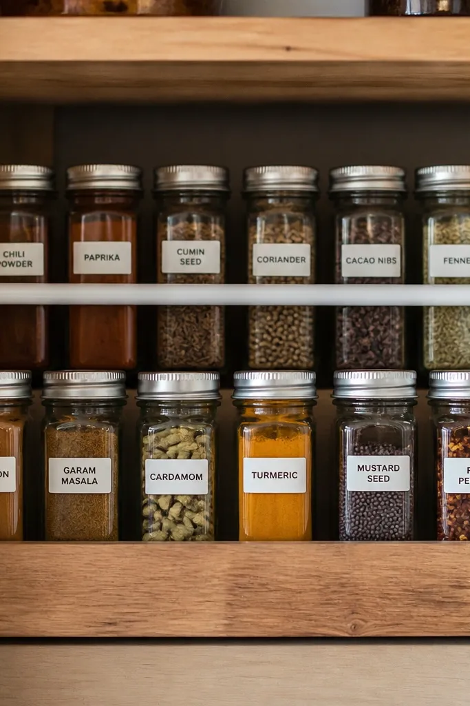 Small spice jars on a tension-rod shelf tucked inside pantry space