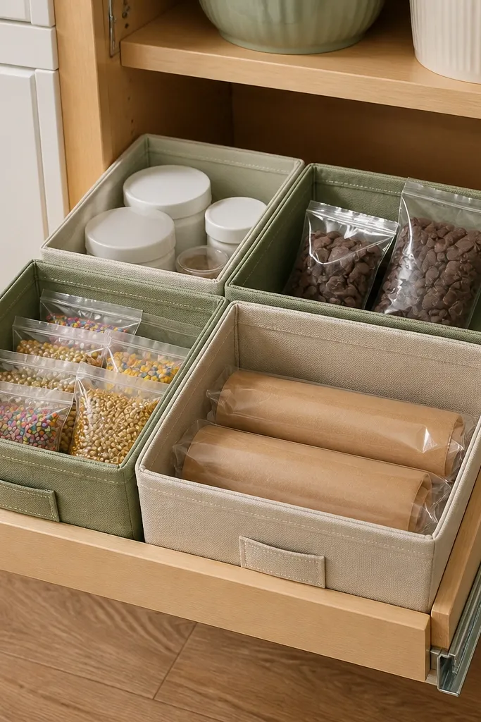 Fabric bins with labels in a pantry, neatly stacked with baking items