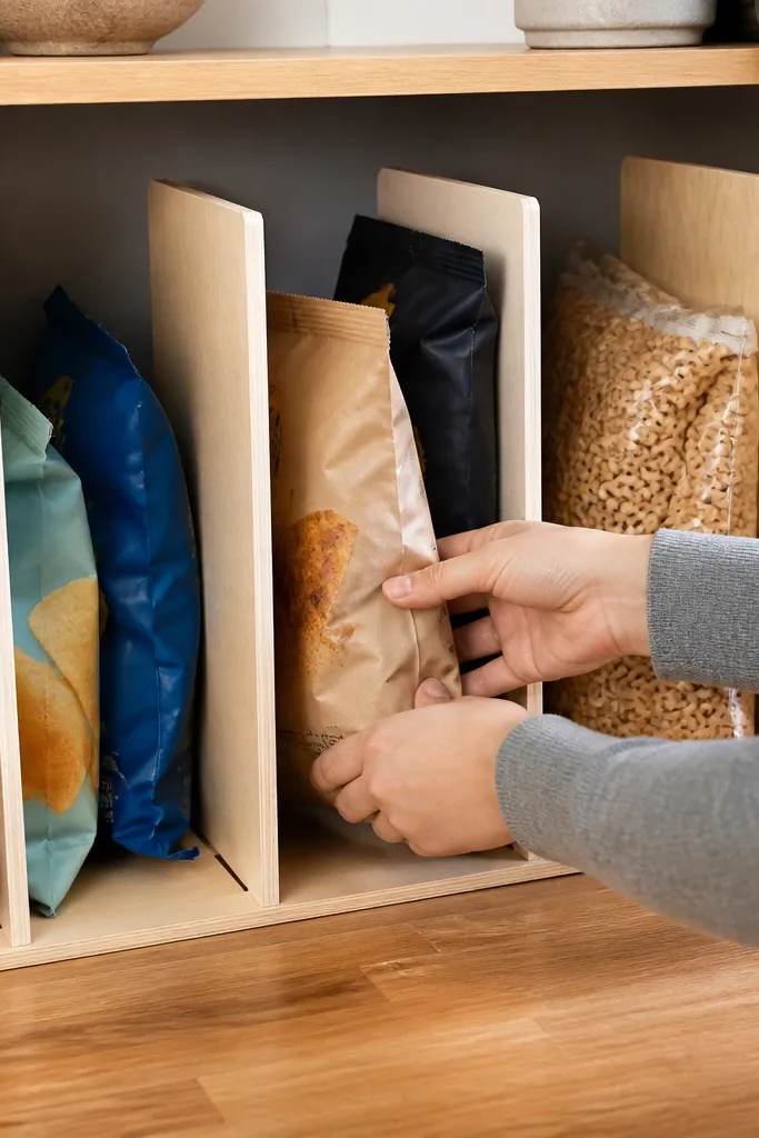 Wood slat dividers holding upright snack and chip bags in a pantry